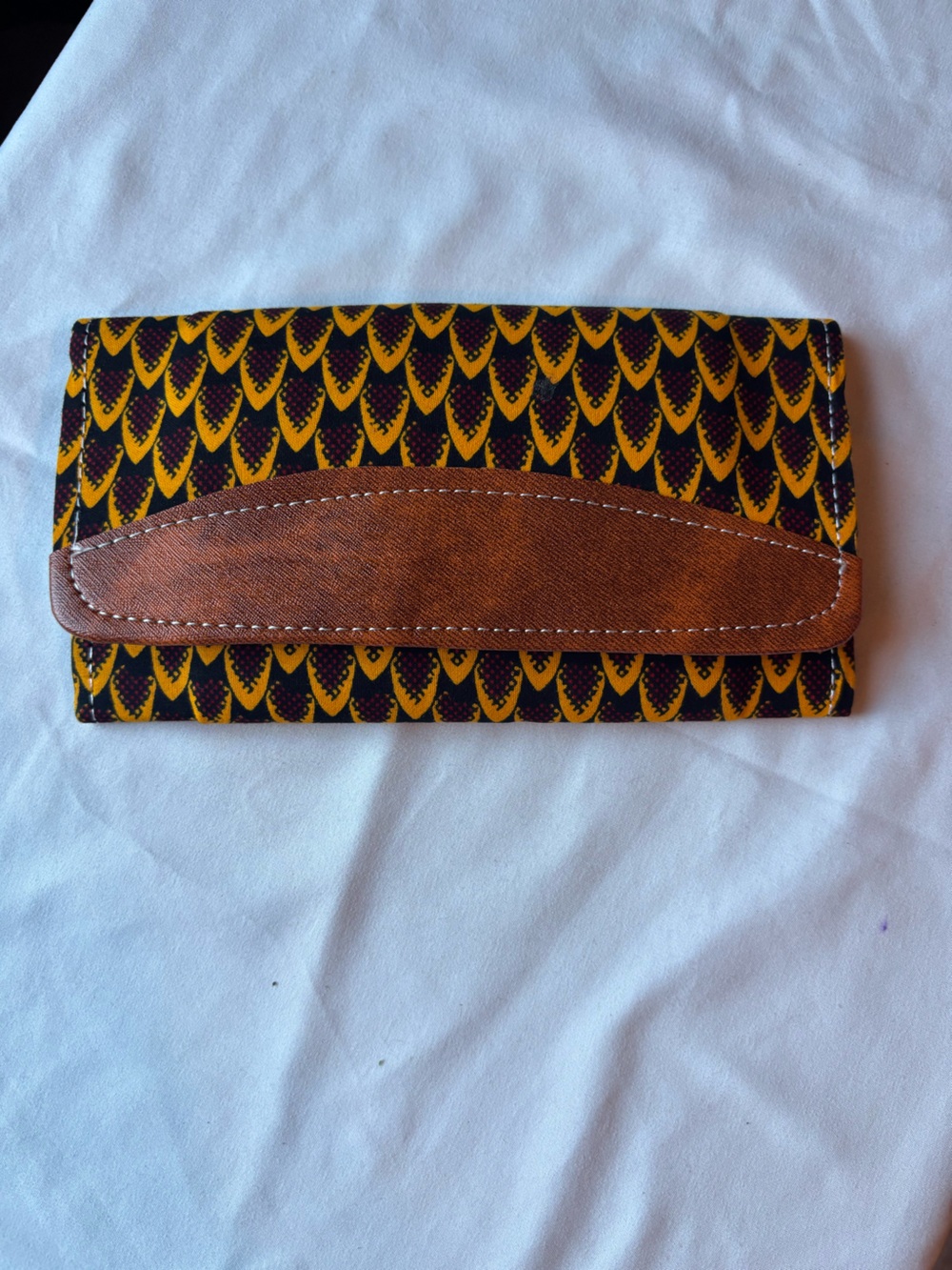 Patterned Yellow & Brown Fabric Wallet with Leather Strap